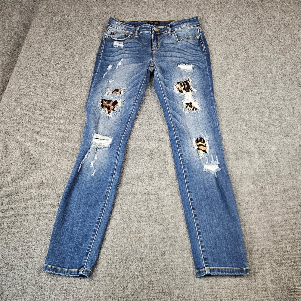 Judy Blue Skinny Fit Distressed Leopard Patch Jeans Medium Wash JB8265MD 9/29 - Picture 1 of 12